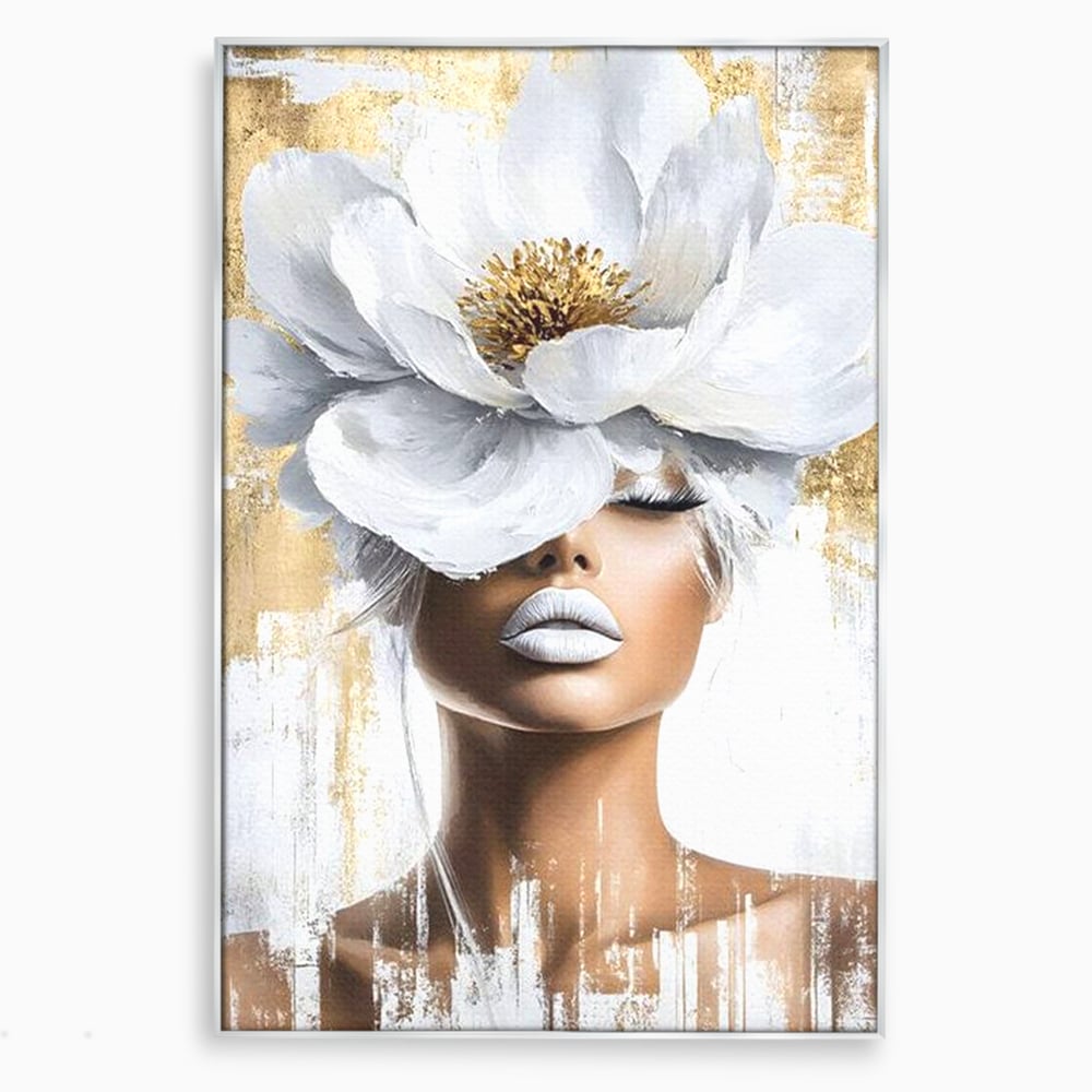 Tablou canvas cu tablou canvas cu portret de femeie si magnolie, in rama de aluminiu argintiu